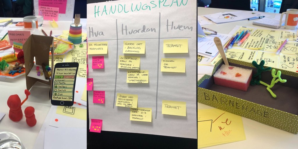 Kreativt bord fyllt med post-its, skisser, pennor, handgjorda prototyper