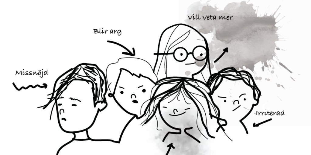 Svartvit illustration med människor som visar olika känslor