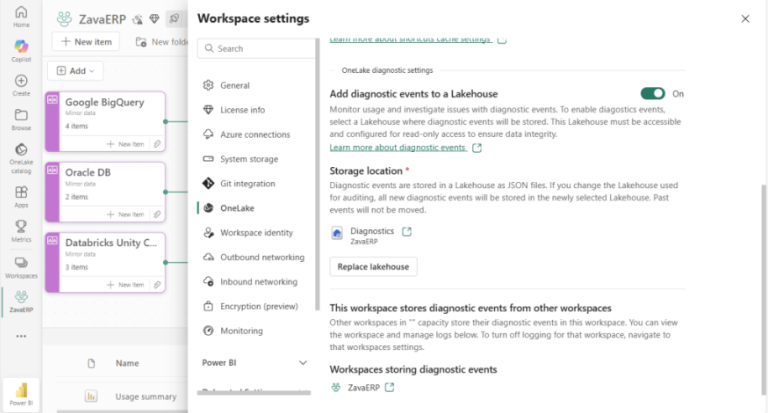 Med OneLake diagnostics kan man hämta governance-information, screenshot visar workplace settings. 