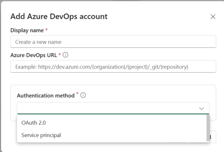 Screenshot viar hur du kan lägga till Azure DevOps-konto med service principal-autentisering 