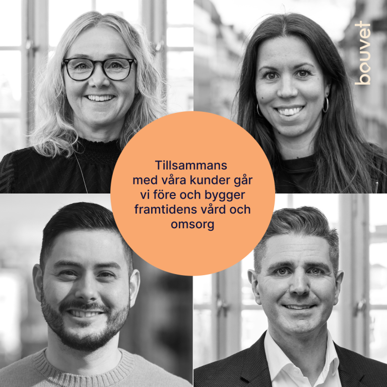 Bild på fyra Bouvet-medarbetare tillsammans med texten "Tillsammans med våra kunder går vi före och bygger framtidens vård och omsorg".